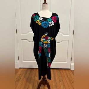 Mexican black dress, Oaxaca dress, hand embroidery Peacock dress.